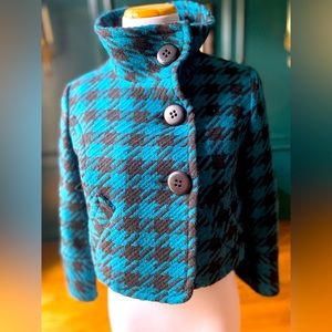 Vintage Turquoise Houndstooth Print Cropped Jacket